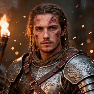 Close portrait of a battle-worn paladin in ornate engrave...
