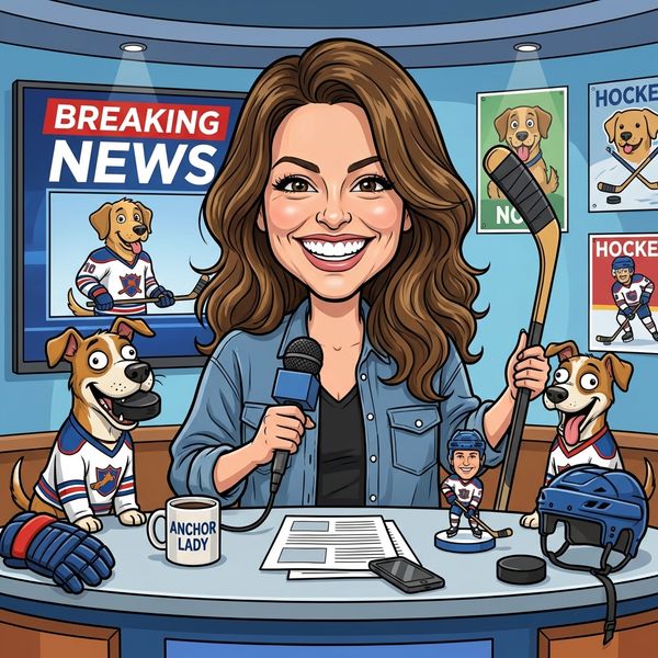 AI image generated by Nano Banana Pro, ranked #2 of 44 in the "Over-the-top cartoon caricature" arena challenge — prompt: Create a caricature of me and my job. Make it exaggerated and humorous, incorporating my profession as a tv show anchor and my love for dogs and hockey.