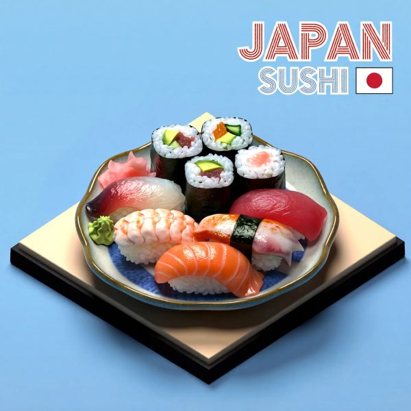 Create a clear, 45° top-down isometric miniature 3D cartoon scene of Japan's signature dish: sush...