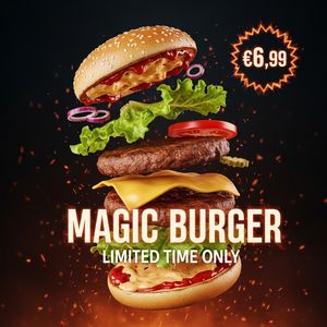 Imagen 4.0 Generate 001 — Magic Burger Explosion: Fiery Photorealism Challenge