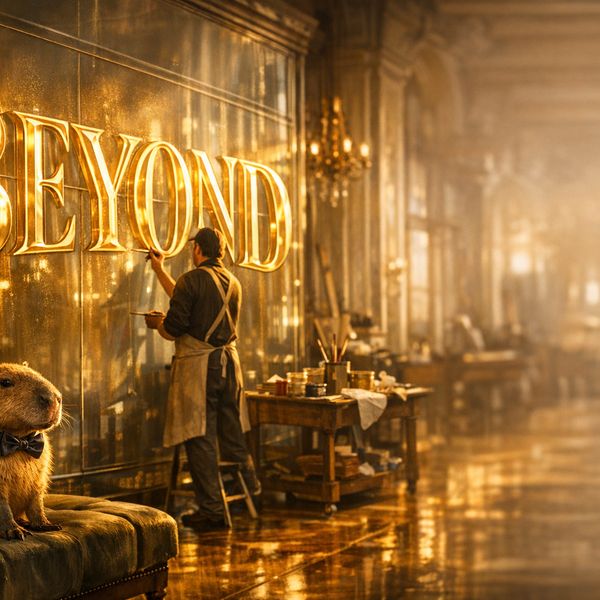 A grand, cinematic wide-shot of a high-end, sun-drenched European atelier where a master artisan ...