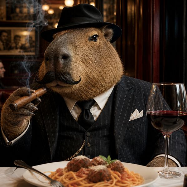 AI image generated by GPT Image 2 — prompt: A wide, cinematic 16:9 shot, ultra realistic, of a Capybara in a typical Italian restaurant in New York City; sitting at the table, holding a cigar, spaghetti meatballs and a glass of wine and a glass of whiskey on the table; Capybara is styled like a classic Mafioso, with a realistic moustache.