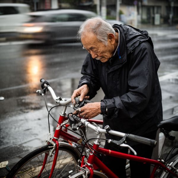AI image generated by FLUX.2 [dev], ranked #11 of 24 in the "Candid Street Photography" arena challenge — prompt: A candid street photo of an elderly Japanese man repairing a red bicycle in light rain, reflections on wet pavement, shallow depth of field, 50mm lens, natural skin texture, imperfect framing, motion blur from passing cars, cinematic but realistic, no stylization.