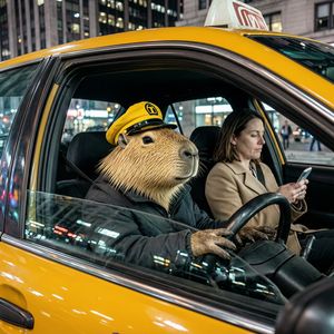 Photorealistic scene inside a yellow New York taxi at nig...