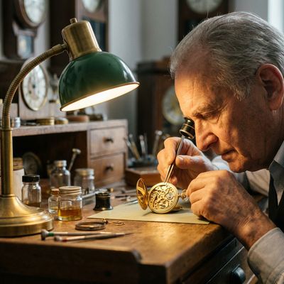 Nano Banana Pro generated image of A medium-shot portrait of a master watchmaker at an antique wooden workbench,...