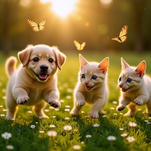 Hyper-photorealistic scene of fluffy baby animals—a golde...