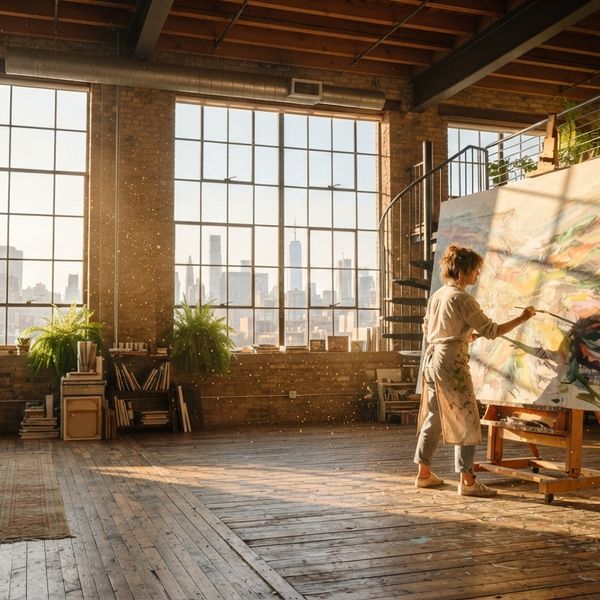 AI image generated by Nano Banana 2 Lite — prompt: Cinematic 16:9 shot of a sun-drenched, triple-height artist's loft with massive north-facing windows. Golden dust motes dance over a colossal, unfinished canvas. The left side is open floor space for text, glowing in soft, diffused light. 8k.