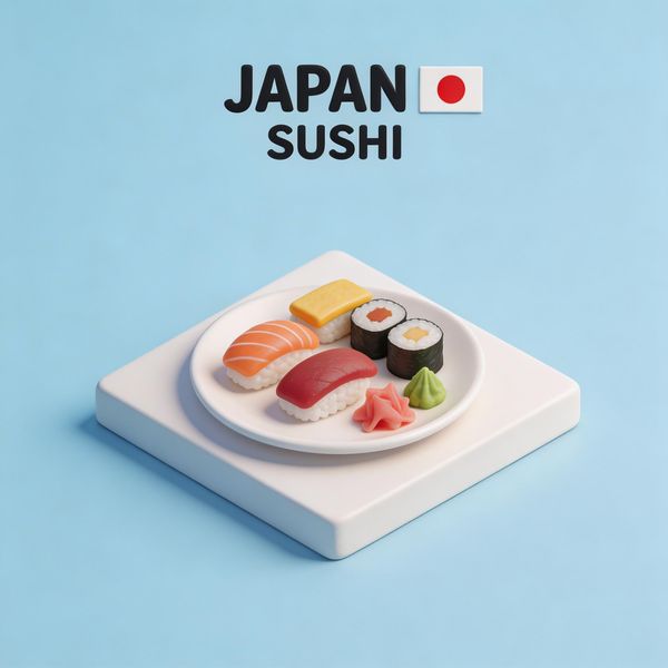 Create a clear, 45° top-down isometric miniature 3D cartoon scene of Japan's signature dish: sush...