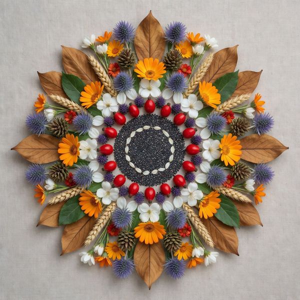 AI image generated by Grok Imagine Image Pro, ranked #5 of 15 in the "Intricate Floral Mandala" arena challenge — prompt: Perfectly symmetrical mandala made entirely of real flowers, petals, leaves, fruits, and seeds in vibrant natural colors, intricate layered patterns with radial symmetry, top-down view on a soft neutral background, hyper-detailed organic textures and subtle shadows, photorealistic, 8K masterpiece.