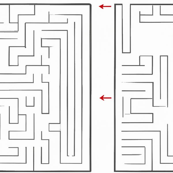AI image generated by DALL-E 2 — prompt: A standard 2d maze with a single clearly marked exit and a single clearly marked entrance. A dashed line indicates the successful route through the maze.