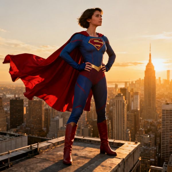 AI image generated by Seedream 4.0, ranked #13 of 19 in the "Heroic Super Hero Portrait" arena challenge — prompt: Hyper-photorealistic full-body portrait of a female superhero standing triumphantly on a New York skyscraper rooftop at golden sunset, wearing a classic modest superhero costume with flowing cape, chest emblem, gloves, and boots in red and blue colors, practical design, short hair, strong determined heroic expression looking into the distance, powerful confident stance with hands on hips and cape billowing dramatically in the wind, detailed urban cityscape background, warm natural sunlight with sharp shadows and fabric highlights, ultra-sharp textures on suit, hair, and concrete, 8K masterpiece, empowering family-friendly style.