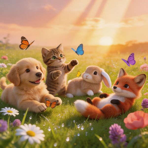Hyper-photorealistic scene of fluffy baby animals—a golden retriever puppy, tabby kitten, baby bu...