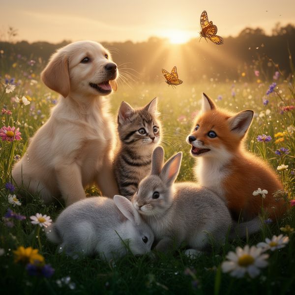 AI image generated by FLUX.2 [dev], ranked #20 of 25 in the "Adorable Baby Animals in Sunny Meadow" arena challenge — prompt: Hyper-photorealistic scene of fluffy baby animals—a golden retriever puppy, tabby kitten, baby bunny, and red fox kit—with big expressive eyes and ultra-detailed soft fur, playfully chasing butterflies and tumbling together in a lush wildflower meadow, warm golden sunrise light with god rays and dew sparkles, joyful wholesome vibe, 8K masterpiece.