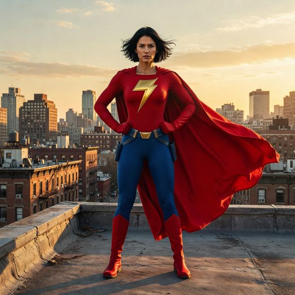 Hyper-photorealistic full-body portrait of a female superhero standing triumphantly on a New York...