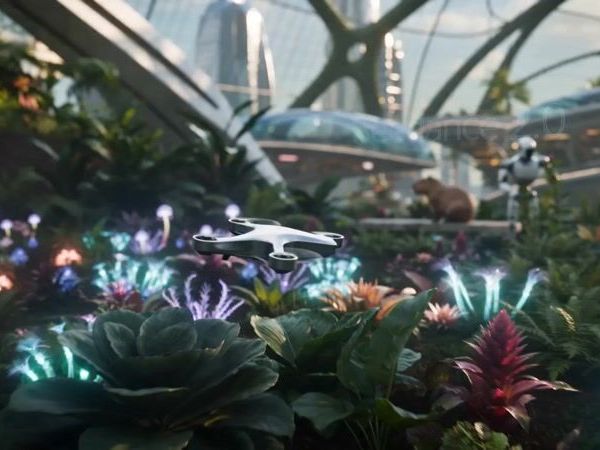 Cinematic 4k drone shot gliding over a vibrant futuristic greenhouse city. In the foreground, a s...