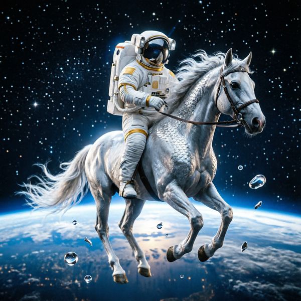 AI image generated by Qwen Image 2.0, ranked #3 of 15 in the "The Reversed Rodeo" arena challenge — prompt: Horse riding astronaut in space — horse on top, not vice versa. Surreal, highly detailed, cinematic.