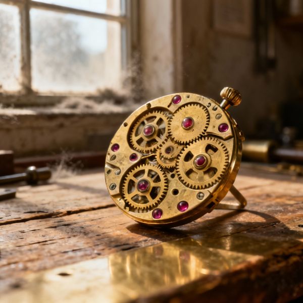 A hyper-realistic close-up of an artisan watchmaker's workbench, shallow depth of field focusing ...