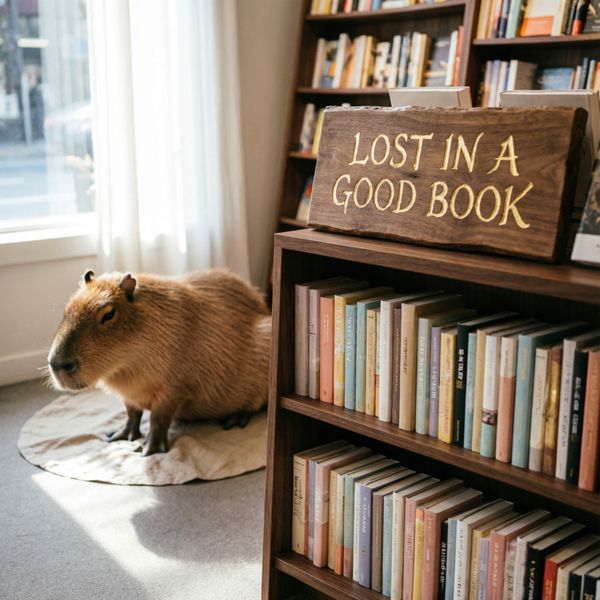 AI image generated by Qwen Image 2.0 Pro — prompt: A cozy corner of a sunlit independent bookstore, a large wooden sign above the shelf reads "LOST IN A GOOD BOOK" in elegant gold leaf typography. In the soft-focus background, a capybara is calmly perched on a floor cushion near the window.