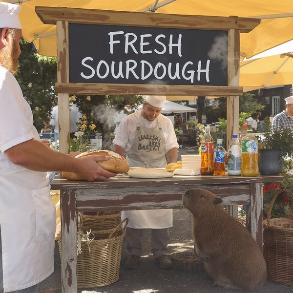 A sun-drenched outdoor bakery stall with a chalkboard sign that reads "FRESH SOURDOUGH" in elegan...