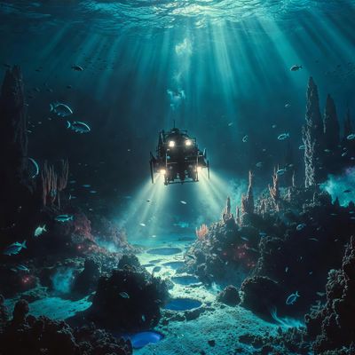Grok Imagine Image generated image of A majestic wide-angle cinematic view of a high-tech submersible descending in...