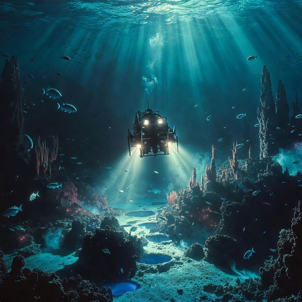 AI image generated by Grok Imagine Image — prompt: A majestic wide-angle cinematic view of a high-tech submersible descending into a vibrant deep-ocean abyss. Brilliant crimson and sapphire bioluminescent creatures swirl around ancient coral spires and glowing jellyfish the size of hot-air balloons. Hydrothermal vents release shimmering mineral plumes that catch faint shafts of surface light filtering thousands of meters down. The submersible’s floodlights carve dramatic beams through the darkness, revealing intricate underwater canyons and schools of ethereal fish. Deep rich color grading with high contrast, mysterious teal highlights, and subtle particle drift, 16:9 aspect ratio, hyper-realistic, adventurous and awe-inspiring aesthetic.