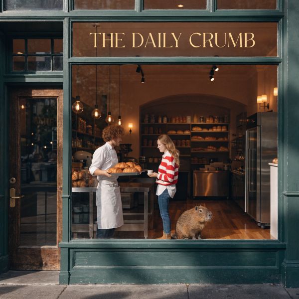 AI image generated by Recraft V4.1 Utility Pro — prompt: A gourmet storefront with a large glass window featuring elegant gold lettering that reads "THE DAILY CRUMB" in a classic serif font. Inside, a baker carries a tray of croissants, while a capybara calmly waits in line behind a customer.