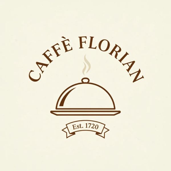 AI image generated by FLUX.2 [flex], ranked #20 of 21 in the "Vintage Cafe Logo" arena challenge — prompt: Vintage minimalist restaurant logo for "Caffè Florian", retro cloche dome with steam and "Est. 1720" banner, classic typography, warm brown and cream tones, subtle texture on light background, vector emblem style.