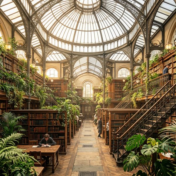 AI image generated by Nano Banana 2 — prompt: A cinematic wide shot of an ornate, sun-drenched European conservatory library, where lush tropical ferns and climbing ivy intertwine with mahogany bookshelves, soft dust motes dancing in the morning light filtering through an intricate glass domed ceiling, captured with a shallow depth of field, 8k resolution, photorealistic textures.