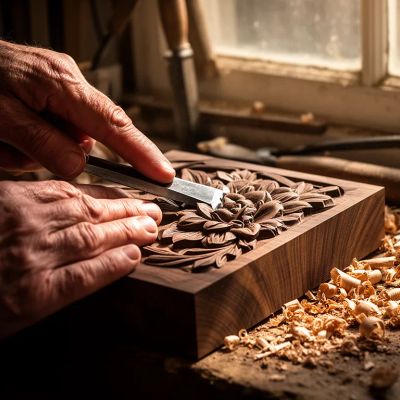 FLUX.2 [dev] generated image of A hyper-realistic close-up of a weathered craftsman's hands carving an intric...