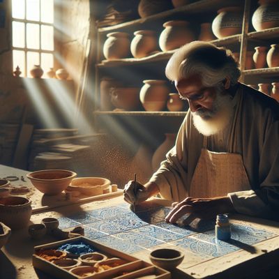 DALL-E 3 generated image of A medium shot of an elderly artisan in a sunlit Mediterranean workshop, caref...