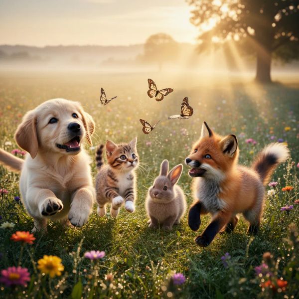 AI image generated by FLUX.2 [flex], ranked #14 of 25 in the "Adorable Baby Animals in Sunny Meadow" arena challenge — prompt: Hyper-photorealistic scene of fluffy baby animals—a golden retriever puppy, tabby kitten, baby bunny, and red fox kit—with big expressive eyes and ultra-detailed soft fur, playfully chasing butterflies and tumbling together in a lush wildflower meadow, warm golden sunrise light with god rays and dew sparkles, joyful wholesome vibe, 8K masterpiece.