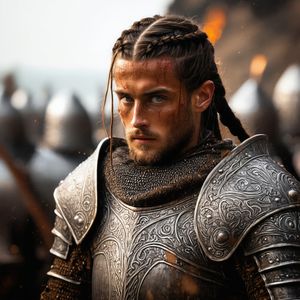 Close portrait of a battle-worn paladin in ornate engrave...