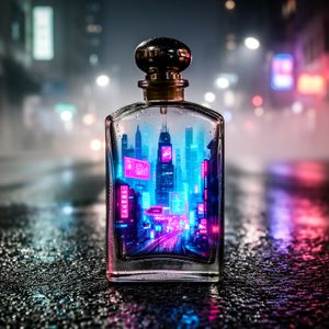 A vibrant double exposure of a neon-lit cyberpunk city si...