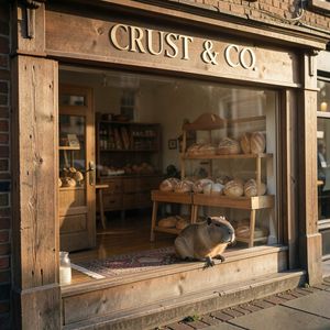 A rustic wooden storefront of a boutique bakery named "CR...