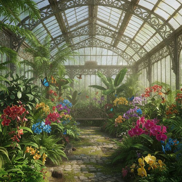 AI image generated by Nano Banana, ranked #11 of 17 in the "Victorian Greenhouse Oasis" arena challenge — prompt: Hyper-photorealistic interior of a lush Victorian glass greenhouse filled with exotic tropical plants, vibrant blooming orchids, tall ferns, colorful butterflies in flight, sunlight filtering through ornate glass roof creating realistic caustics and dew on leaves, intricate iron framework visible, misty atmosphere, 8K masterpiece.