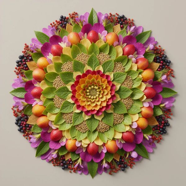 AI image generated by FLUX.2 [flex], ranked #2 of 15 in the "Intricate Floral Mandala" arena challenge — prompt: Perfectly symmetrical mandala made entirely of real flowers, petals, leaves, fruits, and seeds in vibrant natural colors, intricate layered patterns with radial symmetry, top-down view on a soft neutral background, hyper-detailed organic textures and subtle shadows, photorealistic, 8K masterpiece.