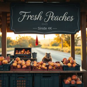 A cozy roadside fruit stand with a chalkboard sign that r...