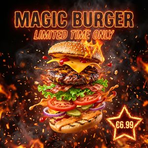 Nano Banana 2 — Magic Burger Explosion: Fiery Photorealism Challenge