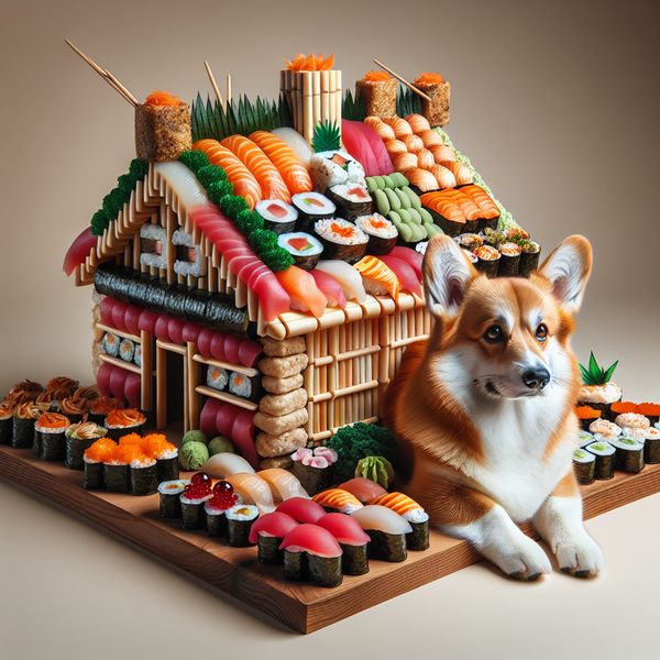 AI image generated by DALL-E 3 — prompt: A cute corgi lives in a house made out of sushi.