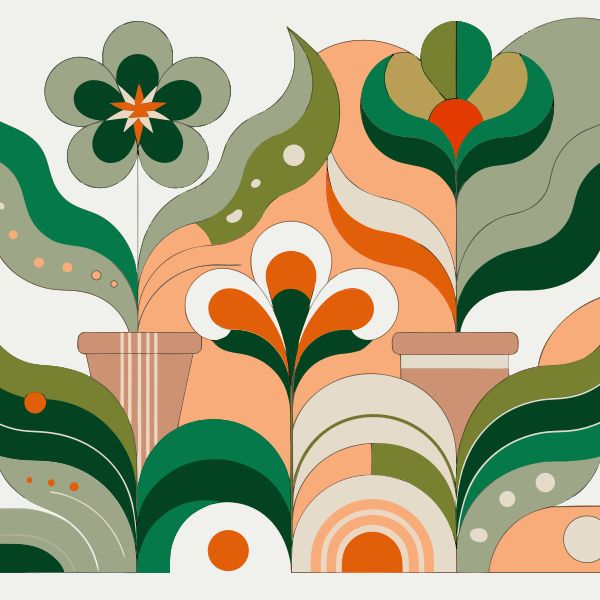 Minimalist flat vector illustration of an organic, flowing botanical garden. Large, overlapping g...