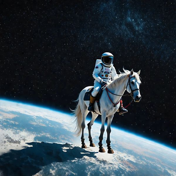 AI image generated by Stable Diffusion 3.5 Medium, ranked #5 of 15 in the "The Reversed Rodeo" arena challenge — prompt: Horse riding astronaut in space — horse on top, not vice versa. Surreal, highly detailed, cinematic.
