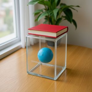 A glass cube on a wooden table. Inside the cube is a smal...