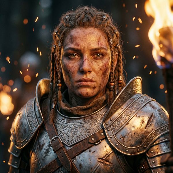 Close portrait of a battle-worn paladin in ornate engraved plate armor, hair braided with small b...