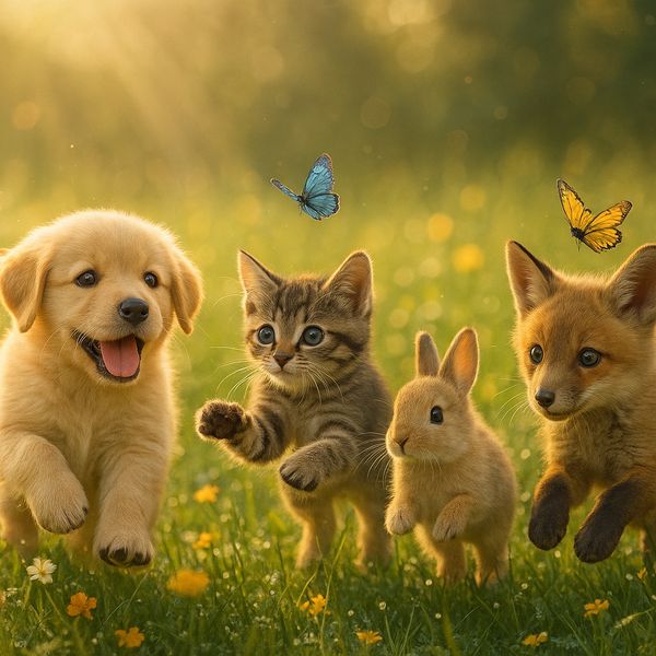 AI image generated by GPT Image 1 Mini, ranked #13 of 25 in the "Adorable Baby Animals in Sunny Meadow" arena challenge — prompt: Hyper-photorealistic scene of fluffy baby animals—a golden retriever puppy, tabby kitten, baby bunny, and red fox kit—with big expressive eyes and ultra-detailed soft fur, playfully chasing butterflies and tumbling together in a lush wildflower meadow, warm golden sunrise light with god rays and dew sparkles, joyful wholesome vibe, 8K masterpiece.