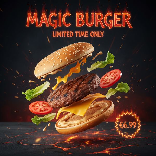 AI image generated by Nano Banana, ranked #7 of 18 in the "Magic Burger Explosion: Fiery Photorealism Challenge" arena challenge — prompt: Ad for 'Magic Burger'. Dynamic, exploded burger with all components (bun, patty, cheese, lettuce, tomato, sauce) suspended in mid-air. Emphasize photorealistic detail and a sense of motion. Dark, fiery background with glowing embers. Integrate text: 'MAGIC BURGER' as a prominent title, 'LIMITED TIME ONLY' as a secondary message, and '€6.99' in a starburst, all rendered with a fiery, glowing effect.