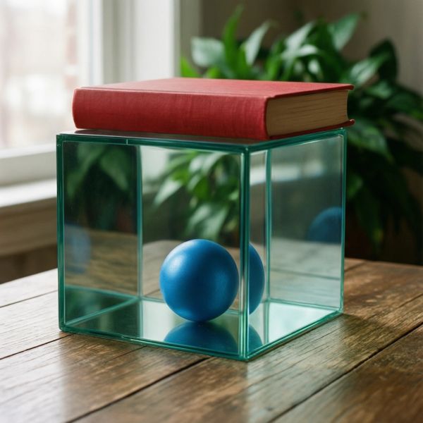 A glass cube on a wooden table. Inside the cube is a small blue sphere. On top of the cube sits a...