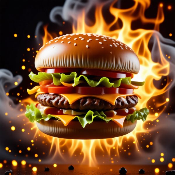 AI image generated by Stable Diffusion 3.5 Large Turbo, ranked #18 of 18 in the "Magic Burger Explosion: Fiery Photorealism Challenge" arena challenge — prompt: Ad for 'Magic Burger'. Dynamic, exploded burger with all components (bun, patty, cheese, lettuce, tomato, sauce) suspended in mid-air. Emphasize photorealistic detail and a sense of motion. Dark, fiery background with glowing embers. Integrate text: 'MAGIC BURGER' as a prominent title, 'LIMITED TIME ONLY' as a secondary message, and '€6.99' in a starburst, all rendered with a fiery, glowing effect.