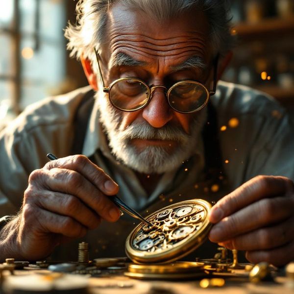 AI image generated by FLUX1.1 [pro] — prompt: A medium-shot hyper-realistic portrait of an elderly watchmaker in a sun-drenched, dusty workshop. He is wearing vintage brass loupes over his eyes, meticulously adjusting the internal gears of a complex gold pocket watch with fine silver tweezers. The air is filled with floating dust motes caught in the golden afternoon light. Background features shelves of tiny glass jars and antique horology tools. Shallow depth of field, sharp focus on the metallic texture of the watch springs, cinematic warm tones, 8k resolution.