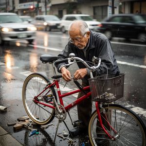 A candid street photo of an elderly Japanese man repairin...