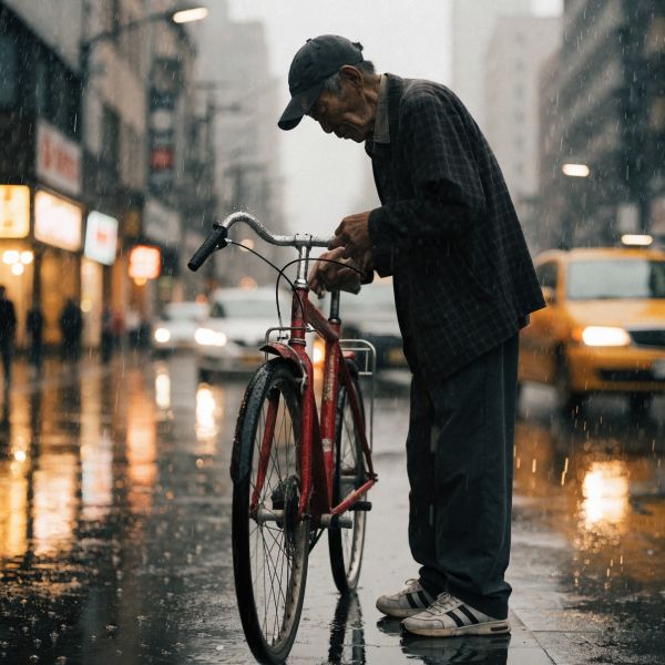 AI image generated by Recraft V4 Pro, ranked #24 of 26 in the "Candid Street Photography" arena challenge — prompt: A candid street photo of an elderly Japanese man repairing a red bicycle in light rain, reflections on wet pavement, shallow depth of field, 50mm lens, natural skin texture, imperfect framing, motion blur from passing cars, cinematic but realistic, no stylization.